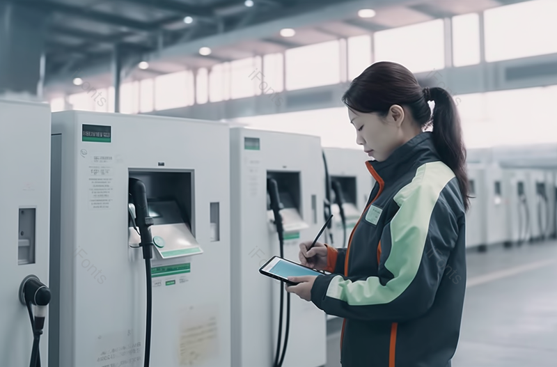 女工程师正在检查充电站,高清,摄影图,摄影图片,图片大全,摄影图免费下载